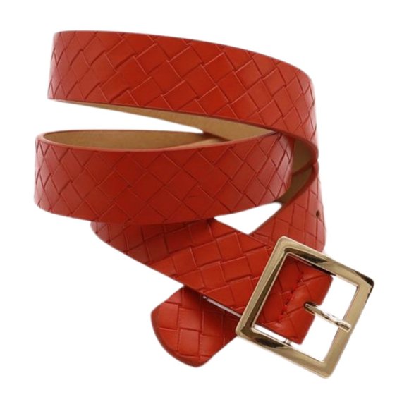 Women Orange Color Basket Weave Skinny Belt Gold Metal Square Buckle Size S M - Picture 7 of 17